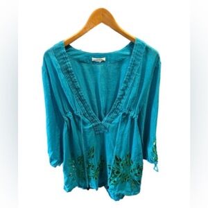 Diane Von Furstenberg 100% Linen Turquoise V-Neck Cut-Out Swim Cover-Up